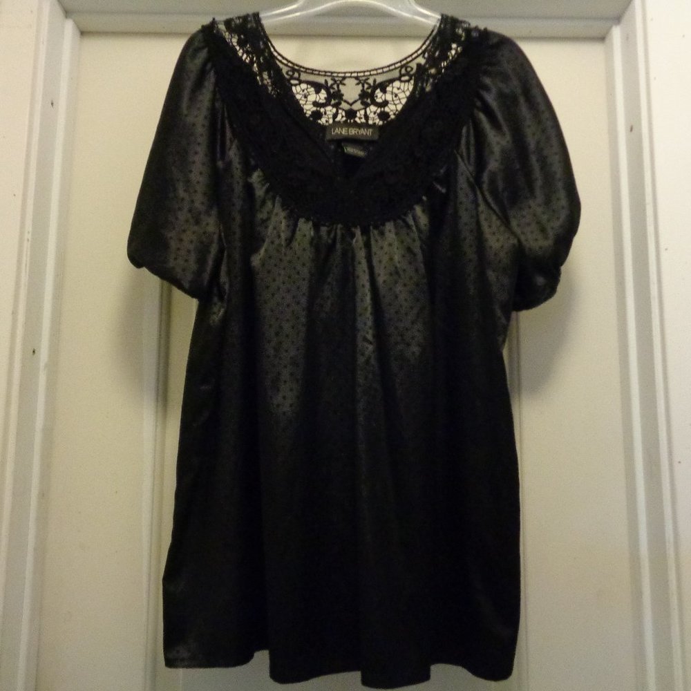ROMANTIC GOTH COQUETTE LANE BRYANT BLACK SATIN DOTS LACEY PUFFY SLEEVE B…